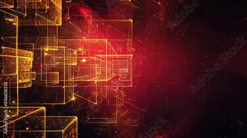 The image is a glowing red and yellow 3D rendering of a circuit board. photo