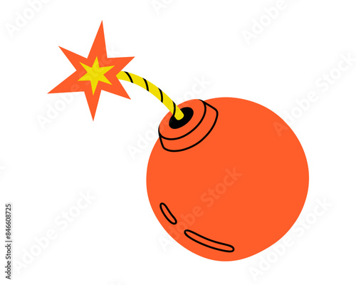Hand drawn cute cartoon illustration of bomb with a burning wick. Danger explosive weapon. Flat vector stress or problem in doodle style. Planning or time management icon. Event deadline. Isolated.