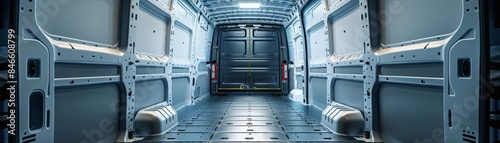 The interior of an empty cargo van, with clean, minimalist design and soft light filtering in, highlighting the spacious and versatile interior
