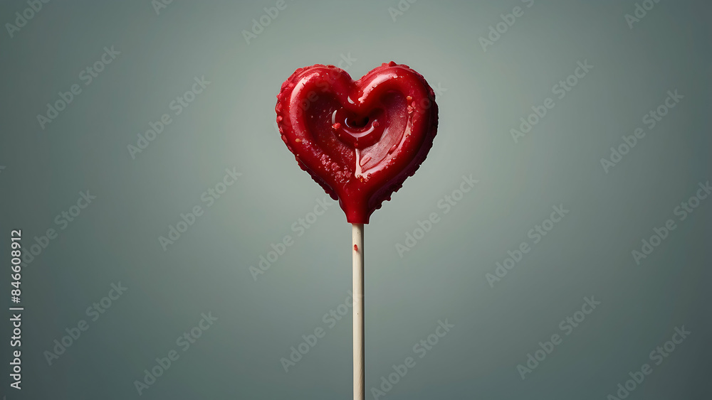A glossy red heart-shaped lollipop on a stick isolated against a blue background, symbolizing love and sweetness A glossy red heart-shaped lollipop on a stick isolated against a blue background, symbolizing love and sweetness