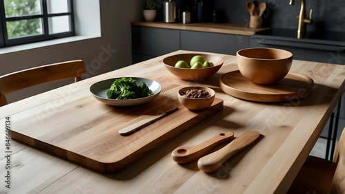 Stylish wooden kitchenware arranged on a table with natural light, capturing a modern homeware concept