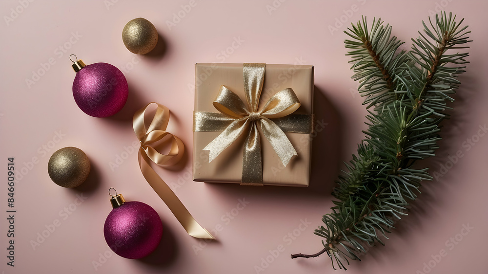 Elegant gold and beige gift box tied with a satin ribbon alongside Christmas baubles and pine branches on a pink background Elegant gold and beige gift box tied with a satin ribbon alongside Christmas baubles and pine branches on a pink background