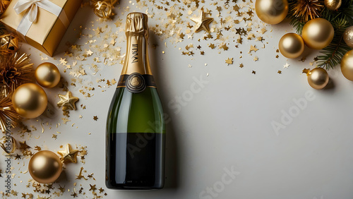 Top view image showcases a champagne bottle surrounded by golden holiday decorations and gifts