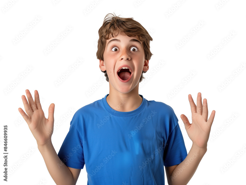 Portrait of a Caucasian teenage boy in blue t-shirt looking surprised and happy against a white background. Portrait of a Caucasian teenage boy in blue t-shirt looking surprised and happy against a white background.