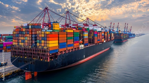 Bustling Cargo Port with Stacks of Multicolored Shipping Containers and Industrial Machinery