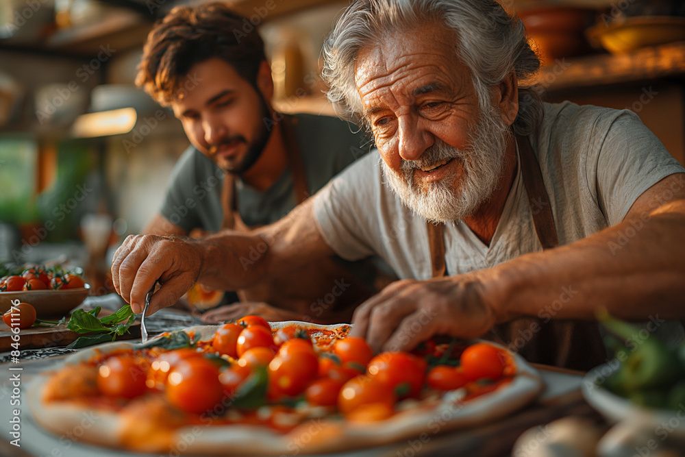 An old Italian chef teaches his apprentice the art of pizza-making stock photo An old Italian chef teaches his apprentice the art of pizza-making stock photo