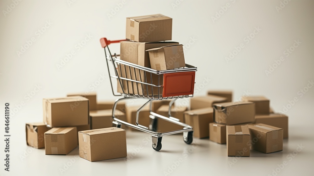 Stacks of Cardboard Boxes Around a Shopping Cart in Beige Setting Stacks of Cardboard Boxes Around a Shopping Cart in Beige Setting