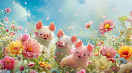 Kawaii pigs napping on fluffy clouds in a dreamy, starry night sky. 