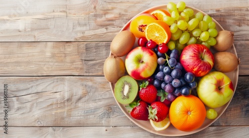 Plate of fresh fruits and berries on a wooden table  top view.