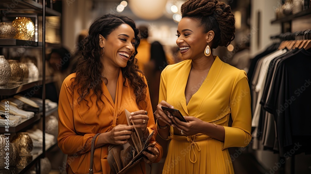 Fototapeta premium Two female black friends doing shopping in a modern clothing store.