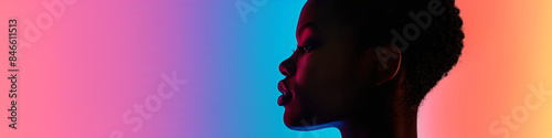 wide Side profile of black woman with against a background of colored light, with eyes closed. The soft, rainbow gradient lighting creates a dreamy atmosphere that highlights their silhouette. ar 4:1