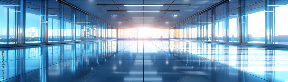 Modern Office Space with Large Windows and Sunlight Reflection on Shiny Floor Professional Corporate Workspace with Panoramic City View in the Morning Modern Office Space with Large Windows and Sunlight Reflection on Shiny Floor Professional Corporate Workspace with Panoramic City View in the Morning
