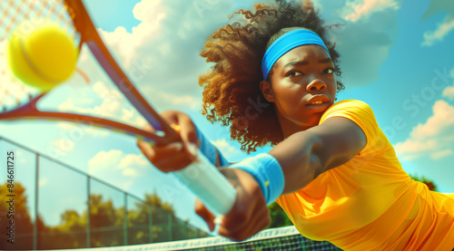 Young African American woman with curly afro hair playing tennis wearing a yellow top and blue headband. Action shot of tennis player on a sunny summers day. Diversity and inclusion of women in sport.