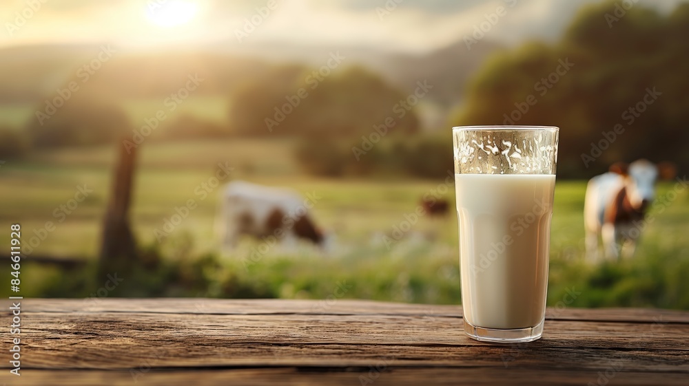 Glass of Fresh Milk on Wooden Table with Cows in Sunny Pasture Glass of Fresh Milk on Wooden Table with Cows in Sunny Pasture
