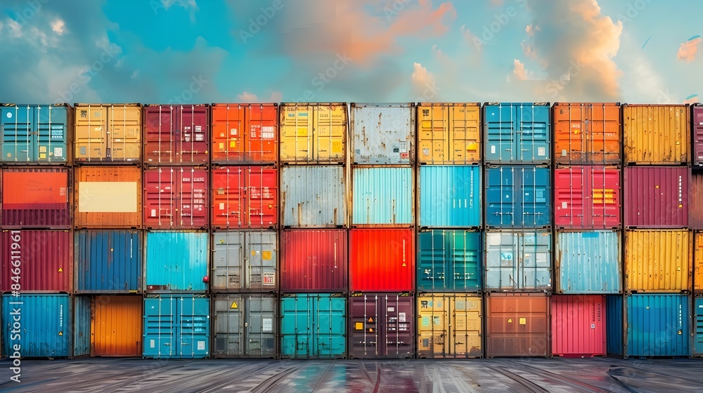Fototapeta premium Harmonious Freight Containers in Geometric Patterns at Thriving Shipping Yard
