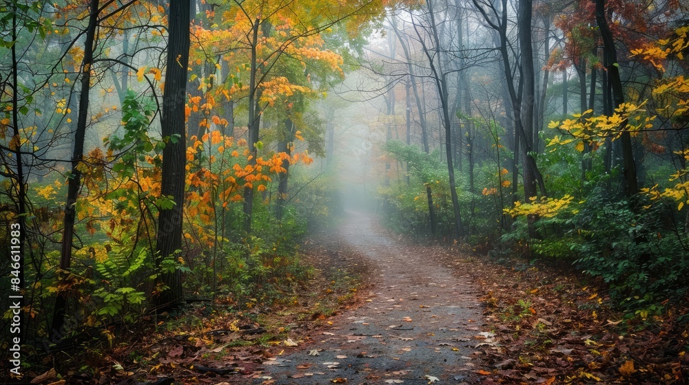 Obraz premium Image of misty woodland pathway