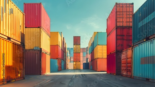 Dynamically Stacked Freight Containers in Vibrant Shipping Yard Landscape photo