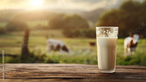 Glass of Fresh Milk on Wooden Table with Cows in Sunny Pasture