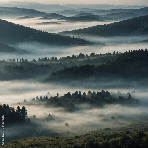 Misty morning in a tranquil mountain landscape. 