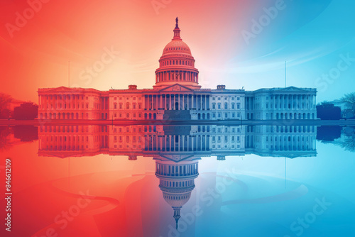 The U.S. Capitol building reflected in a water body, divided into red and blue hues, symbolizing political balance and contrast.