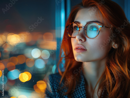 Thoughtful Woman with Glasses Looking into the Night, City Lights Blurred in the Background, Contemplating Future, Thoughtful Expression, Red Hair, Urban Evening