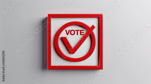 A close-up of a red checkmark in a circle that reads VOTE inside a square frame