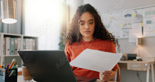 Tableau sur toile Laptop, reading and paper of businesswoman in home office, planning and understanding document