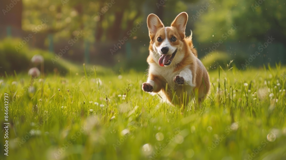 welsh corgi runs outdoors on a large grass field welsh corgi runs outdoors on a large grass field