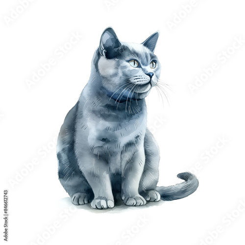 Watercolor illustration of Russian blue and British shorthair on white background.