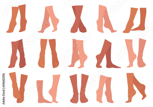 Human feet. Different naked foot positions. Bare human feet. Healthy skin, nails, body anatomy elements. Foot care and cosmetic treatment. Vector illustration