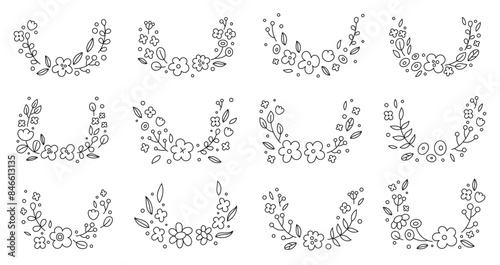Cute set of flowers frame. Round frames with flowers and leaves. Hand-drawn illustration in doodle style. Vector illustration  for wedding invitations, cards, logo, decorations and greeting card