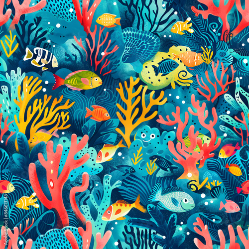 underwater adventure pattern featuring colorful coral reefs and fish