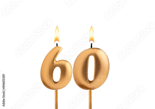 Golden candle number 60 - Birthday on white background