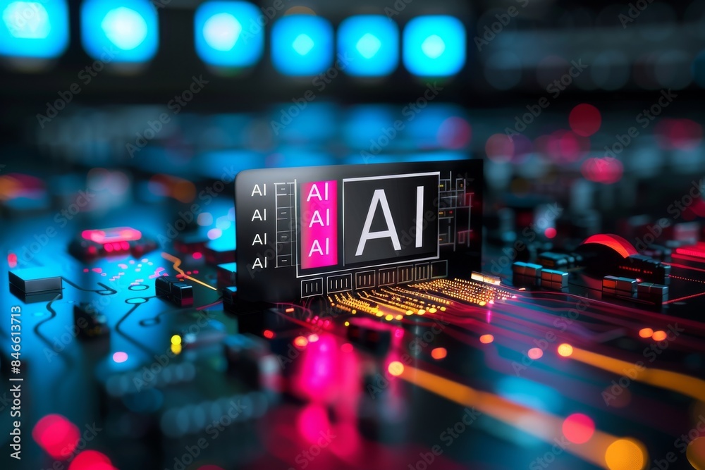 AI powered digital interface with vibrant neon lights and advanced technology in a futuristic setting, representing innovation and artificial intelligence AI powered digital interface with vibrant neon lights and advanced technology in a futuristic setting, representing innovation and artificial intelligence