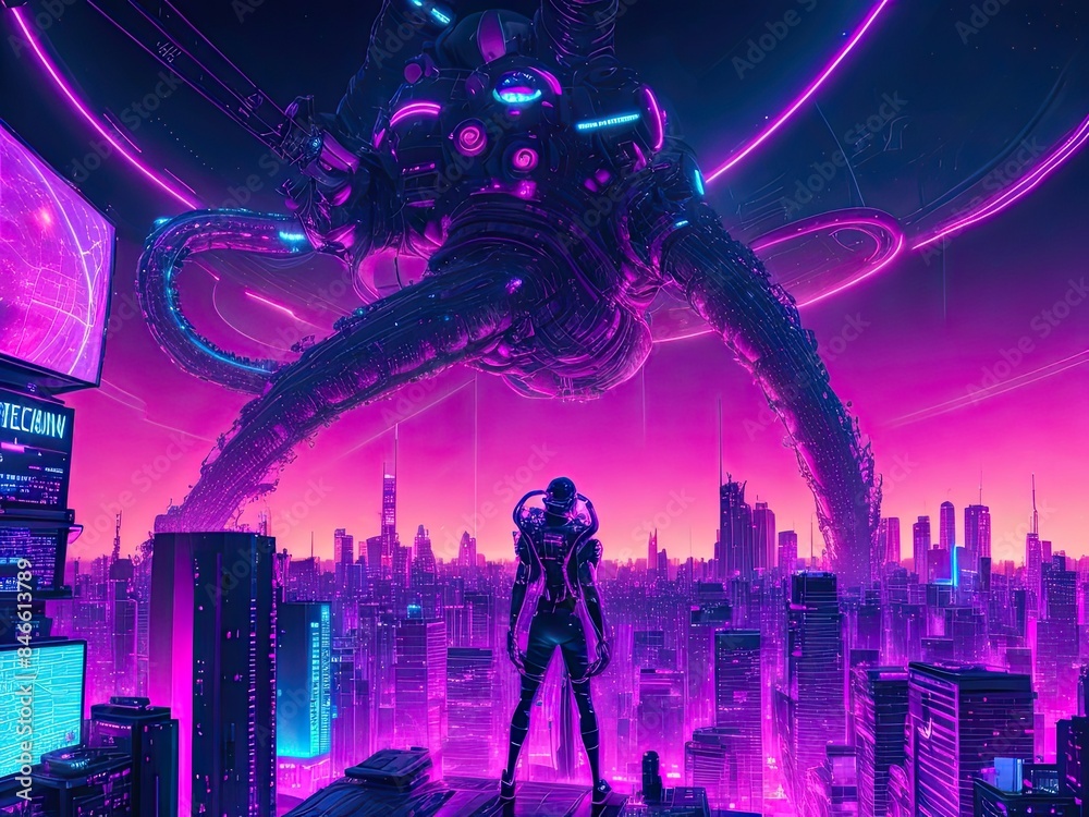 A bizarre synthwave scene beneath a full sky that showcases a colossal celestial body data network and a cybersecurity icon. with tentacles reaching out towards a neon-lit metropolis. A bizarre synthwave scene beneath a full sky that showcases a colossal celestial body data network and a cybersecurity icon. with tentacles reaching out towards a neon-lit metropolis.