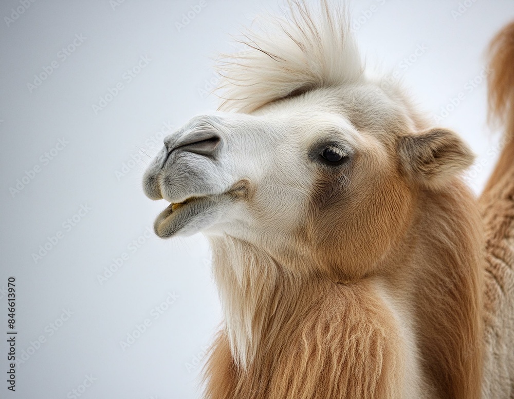 Obraz premium smiling camel with humps on its back and a tuft of hair on its tail, depicted in a comical manner over a white setting and space
