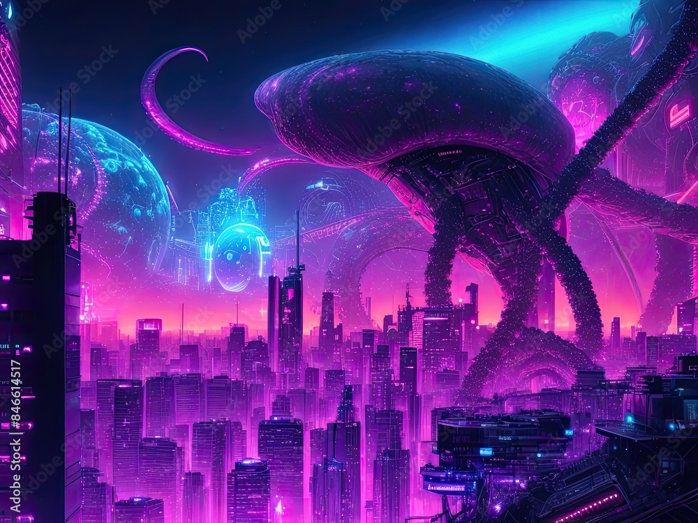 A bizarre synthwave scene beneath a full sky that showcases a colossal celestial body data network and a cybersecurity icon. with tentacles reaching out towards a neon-lit metropolis. A bizarre synthwave scene beneath a full sky that showcases a colossal celestial body data network and a cybersecurity icon. with tentacles reaching out towards a neon-lit metropolis.
