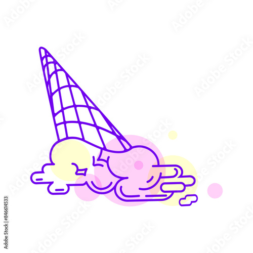 Ice cream cone fallen on the floor Abstract line drawing. Creative print, logo, icon, emblem design with Ice Cream in a minimalist style. Vector illustration. summer dessert 