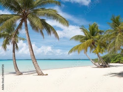A view of a tropical beach with site palm and coconut.