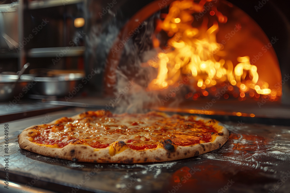 Freshly baked pizza with steam rising from wood-fired oven