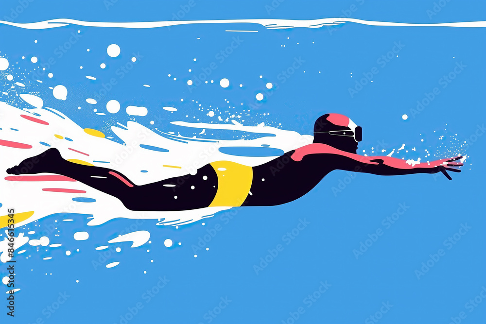 © ADDICTIVE STOCK - Swimmer Underwater With Yellow Swimsuit and Goggles in Blue Water. Generative AI