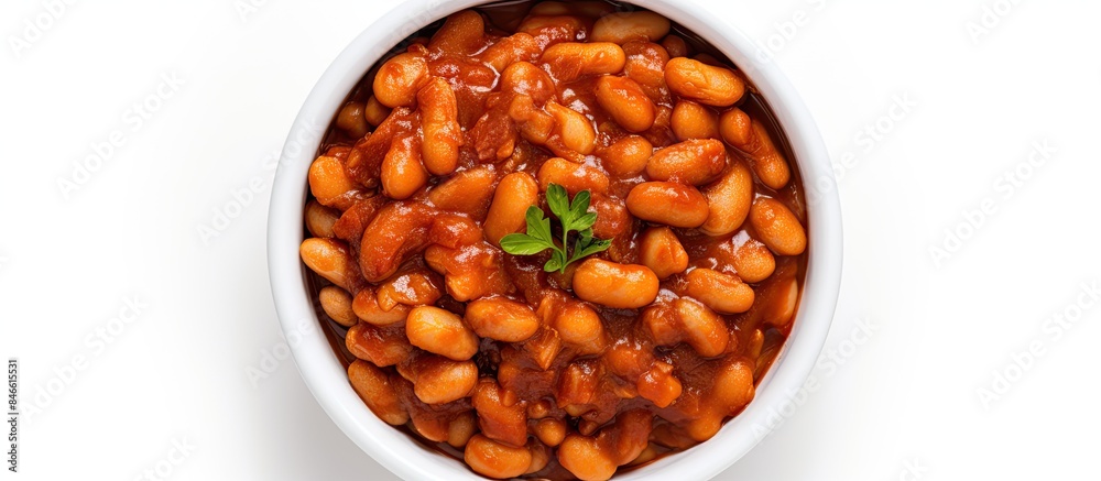 Top view of baked beans in tomato sauce served in a white ceramic bowl on a white background with copy space image. Top view of baked beans in tomato sauce served in a white ceramic bowl on a white background with copy space image.