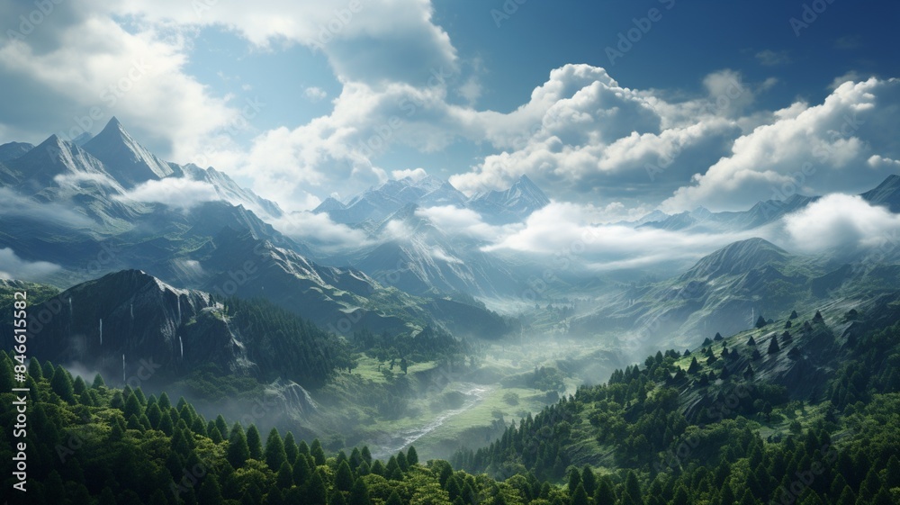 Green mountains above white clouds taming power Ai generated art