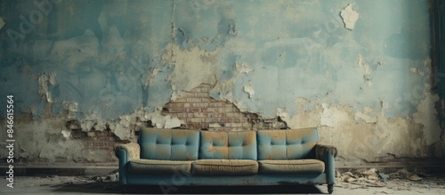Decayed couch in a deserted building with copy space image. photo