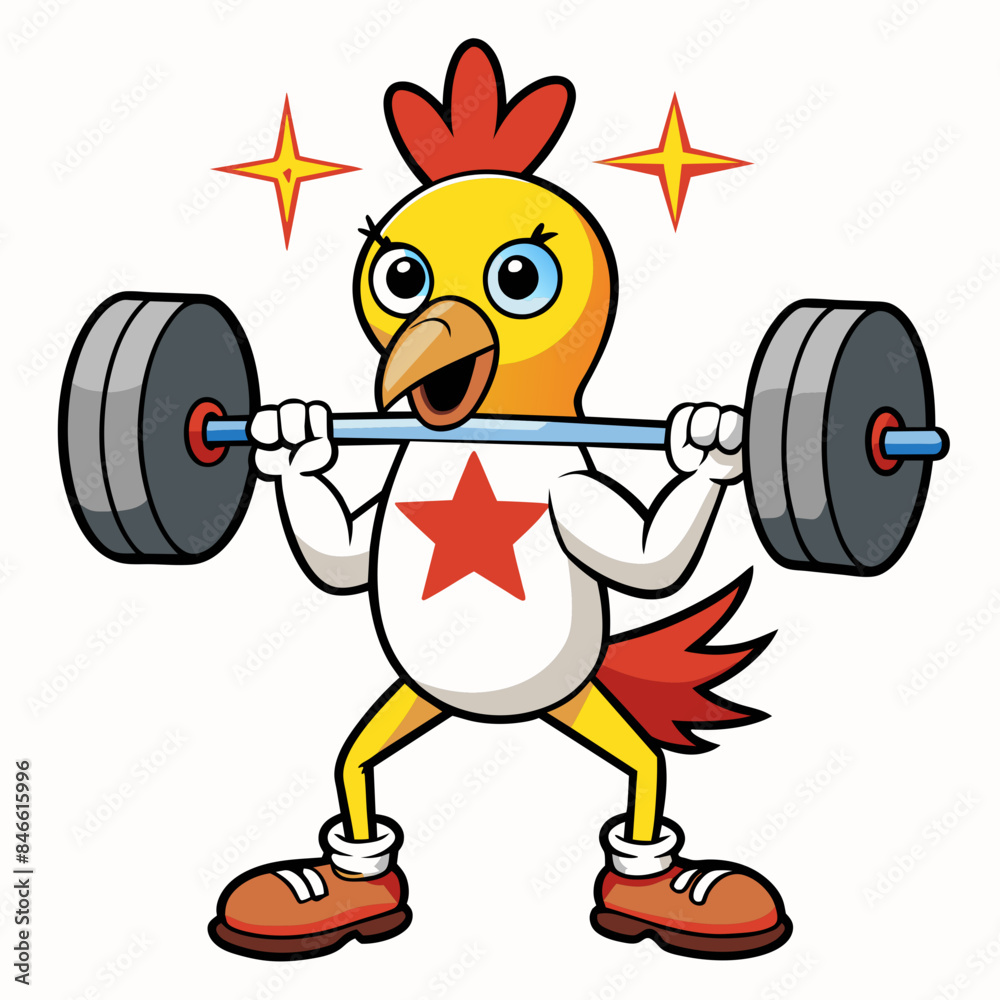 Cartoon chicken lifts a barbell with his arms vector illustration 