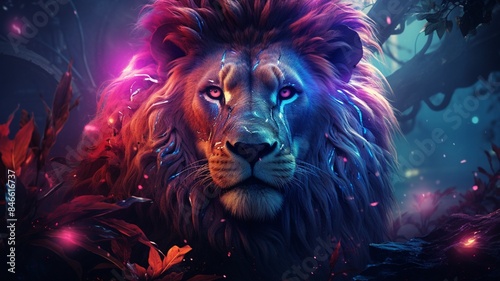 Lion neon digital painting wallpaper 4k colorful background Ai generated art