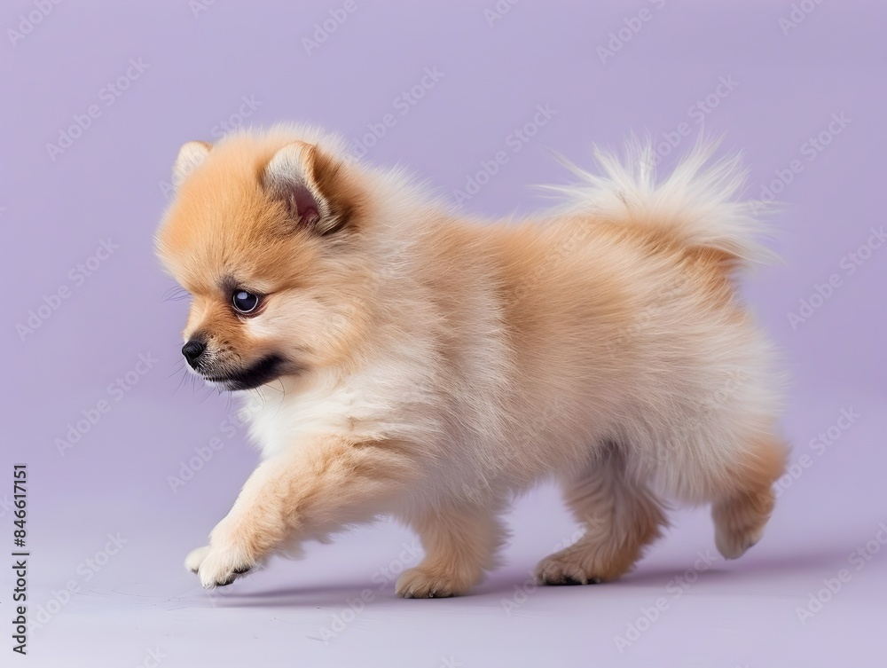 Cute Pomeranian Puppy Walking on Plain Lavender Background with Clear Space