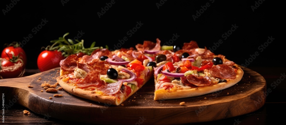 Delicious slice of hot pizza with a variety of toppings on a wooden board with a classic Italian look, ideal for a meal in a side view with copy space image. Delicious slice of hot pizza with a variety of toppings on a wooden board with a classic Italian look, ideal for a meal in a side view with copy space image.