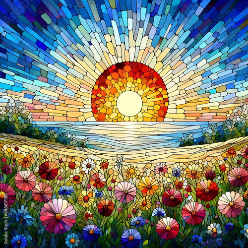 Mosaic Morning Colorful Sky and Floral Beauty