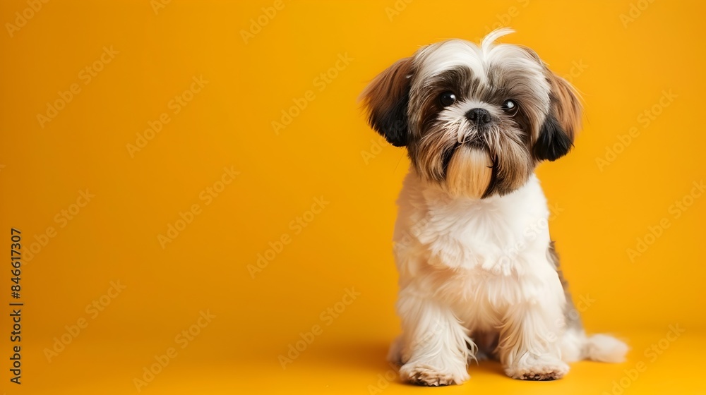 Cheerful Shih Tzu Puppy Sitting on Bright Yellow Background with Clear Space Cheerful Shih Tzu Puppy Sitting on Bright Yellow Background with Clear Space